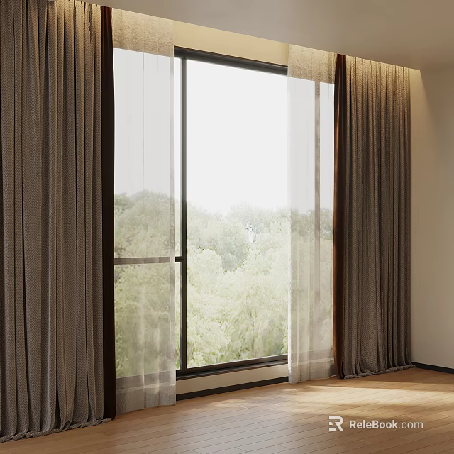 Brown Sheer And Heavy Curtains In Room Window With Natural Light And Trees View 3d model 
