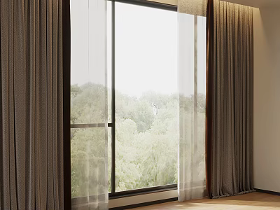 Brown Sheer And Heavy Curtains In Room Window With Natural Light And Trees View 3d model
