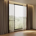 Brown Sheer And Heavy Curtains In Room Window With Natural Light And Trees View