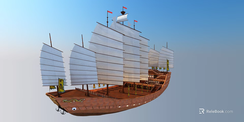 Traditional Chinese Style Sailing Ship With Multiple White Sails And Brown Hull Under Blue Sky 3d model 
