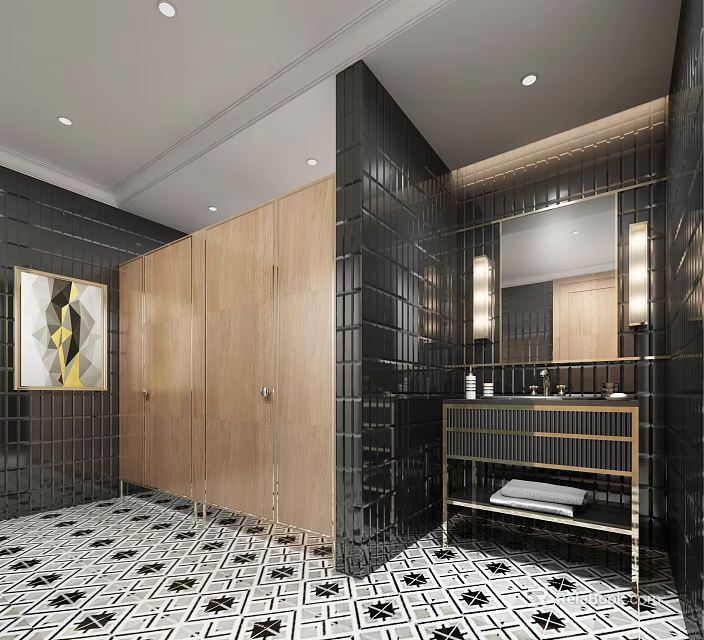 Modern Public Toilet Interior With Wooden Partitions Black Tile Walls And Vanity Mirror 3d model 