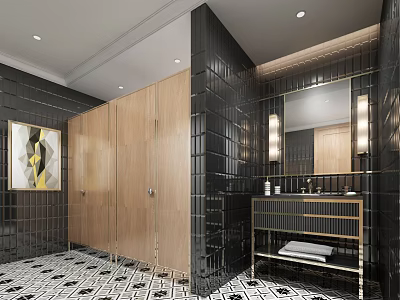 Modern Public Toilet Interior With Wooden Partitions Black Tile Walls And Vanity Mirror 3d model
