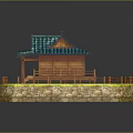 Japanese Style Wooden House With Blue Tiled Roof And Fenced Grass Yard On Stone Base