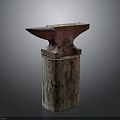 Vintage Red Rustic Anvil Standing On Textured Wooden Base With Natural Grain