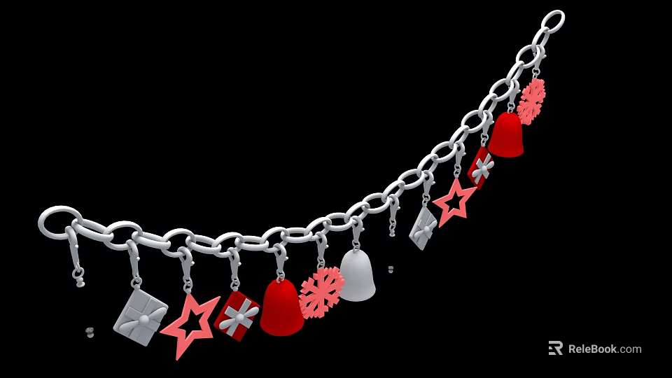 Festive Ornament Decor Set With Silver Chain Red Pendants Stars Gift Boxes Snowflakes Bells Hearts 3d model 