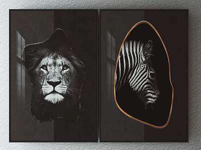 Animal Paintings Featuring Lion and Zebra on Black Background with Gold Frame 3d model