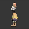 Pink Haired Female Figure Wearing Orange Apron Holding Small Orange Creature With Boots