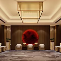 Hotel Public Lounge with Chandelier Red Artwork Comfortable Seating and Columns