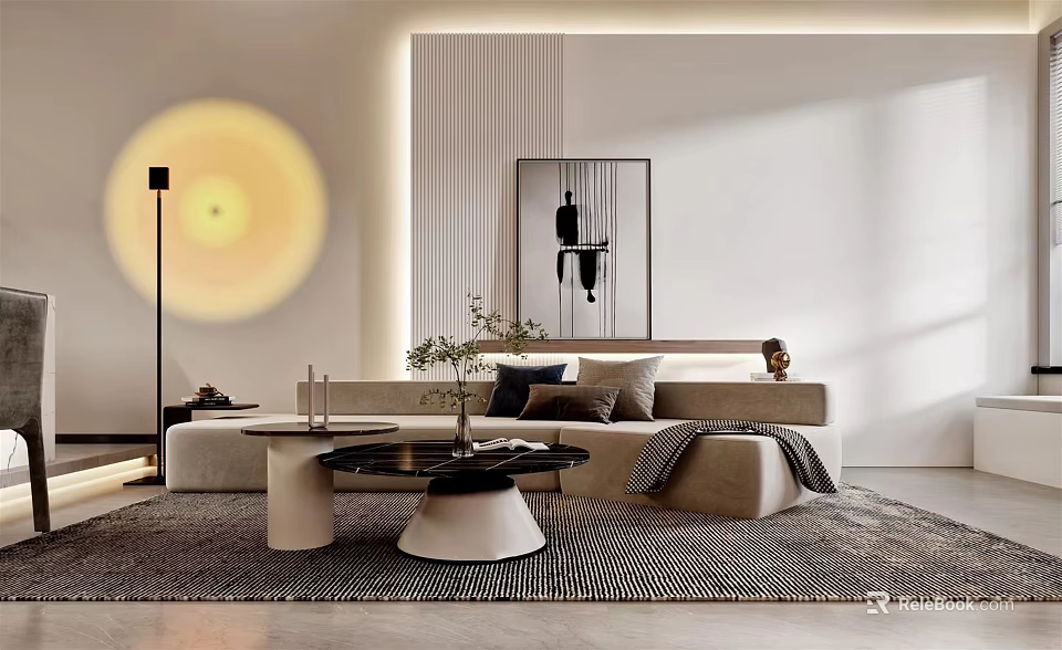 Modern Living Dining Room Interior With Beige Sofa Coffee Table Floor Lamp And Decorative Artwork 3d model 