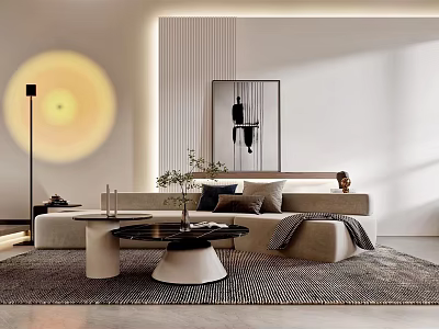 Modern Living Dining Room Interior With Beige Sofa Coffee Table Floor Lamp And Decorative Artwork 3d model