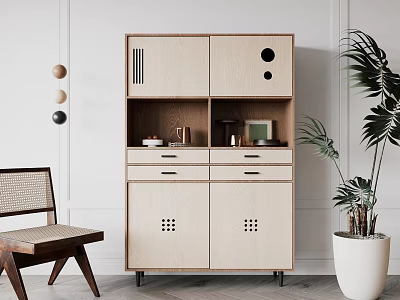 Modern Entryway Cabinet Sideboard with Wooden Storage Open Shelves Drawers and Indoor Plant 3d model