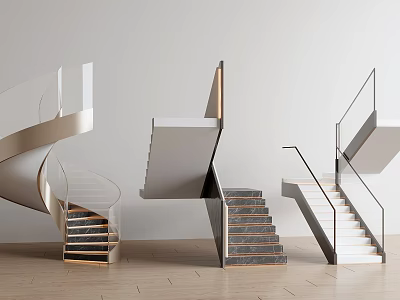 Modern Staircase Designs With Spiral Structure Glass Railings And Wooden Steps 3d model