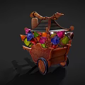 Decorative Wooden Cart With Colorful Cone Shaped Items And Hanging Lantern