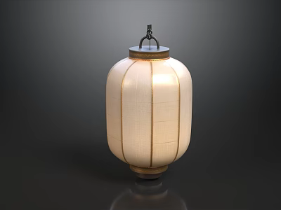 Traditional Chinese Beige Lantern With Striped Design And Metal Hook Base 3d model