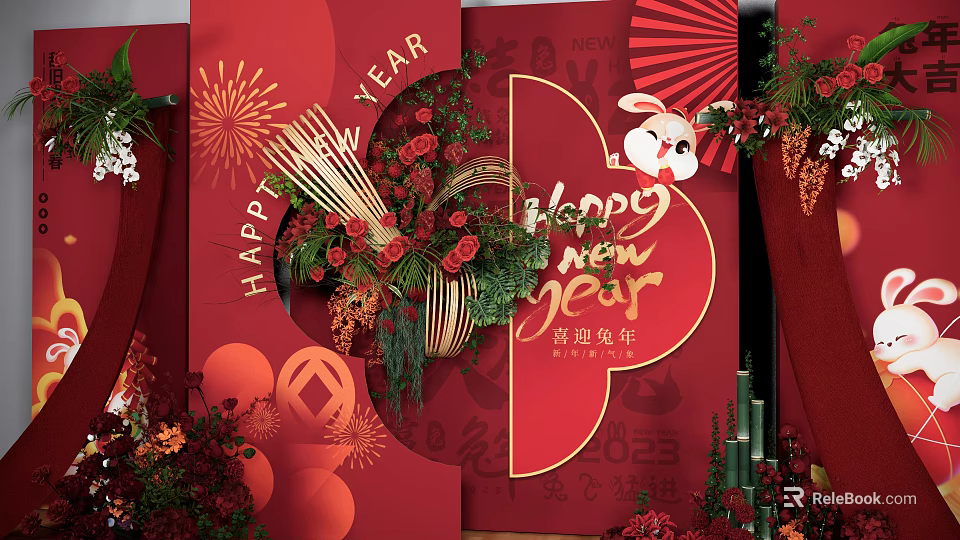 Vibrant Chinese New Year Rabbit Themed Red Decorations With Fireworks And Flowers 3d model 