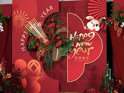 Vibrant Chinese New Year Rabbit Themed Red Decorations With Fireworks And Flowers 3d model