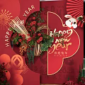 Vibrant Chinese New Year Rabbit Themed Red Decorations With Fireworks And Flowers