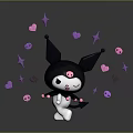Cute Black Bat Eared Cartoon Character With Pink Skull Face And Decorative Stars Hearts Skulls
