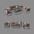Modern Gray Sofa Coffee Table Set With Orange Pillows And Metal Frame 3d model