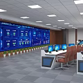 Modern Monitoring Room Interior With Large Screen Multiple Computer Monitors and Control Desks