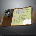 Green Compass and Topographic Map in Leather Wooden Case with Marked Points
