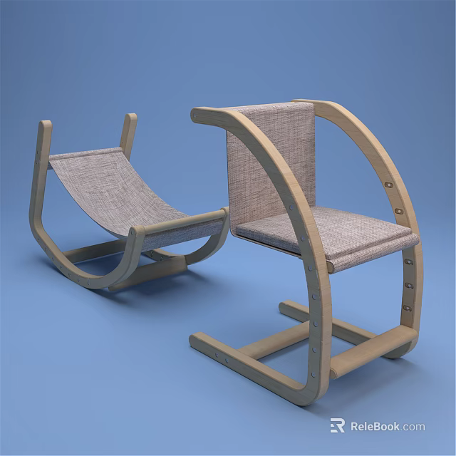 Two Modern Leisure Chairs With Light Wooden Frame And Woven Fabric Seats Design 3d model 