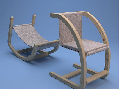 Two Modern Leisure Chairs With Light Wooden Frame And Woven Fabric Seats Design 3d model