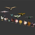 Colorful Bird and Poultry Figurines With Flying and Standing Positions on Black Background