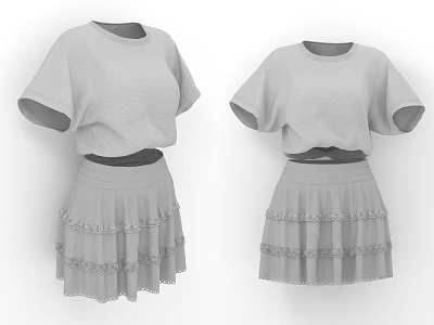 Gray Short Sleeve Top With Layered Frilled Skirt Women's Casual Outfit 3d model