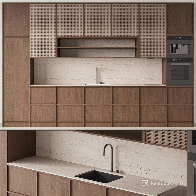 Modern Kitchen Interior With Wooden Cabinets White Countertop Checkerboard Upper Cabinets And Open Shelf 3d model 