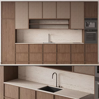 Modern Kitchen Interior With Wooden Cabinets White Countertop Checkerboard Upper Cabinets And Open Shelf 3d model