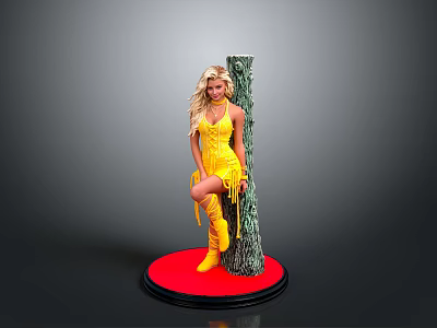 Woman in Yellow Dress and Boots Leaning Against Tree Stump on Red Circular Platform 3d model