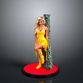 Woman in Yellow Dress and Boots Leaning Against Tree Stump on Red Circular Platform