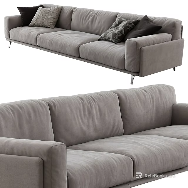 Modern Gray Fabric Three-Seater Sofa with Metal Legs and Comfortable Cushions 3d model 