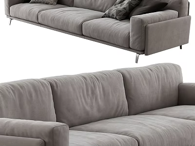 Modern Gray Fabric Three-Seater Sofa with Metal Legs and Comfortable Cushions 3d model