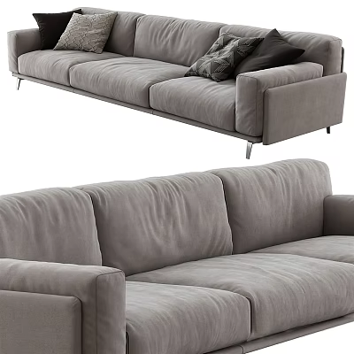 Modern Gray Fabric Three-Seater Sofa with Metal Legs and Comfortable Cushions 3d model