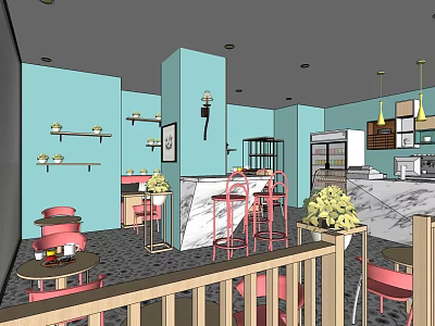 Dessert Shop Interior With Light Blue Walls Pink Chairs Bar Counter And Pendant Lights 3d model