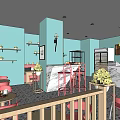 Dessert Shop Interior With Light Blue Walls Pink Chairs Bar Counter And Pendant Lights