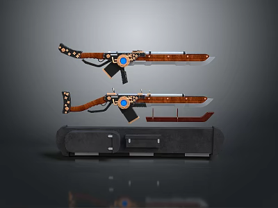 Two Wooden Firearms With Blue Accents And Black Storage Case 3d model