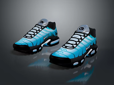 Stylish Blue And Black Sneakers Shoes With White Laces Shiny Upper And Air Cushion Sole 3d model