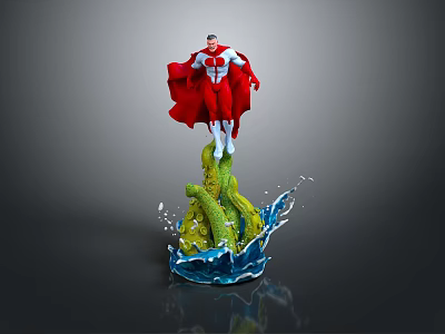 Detailed Red Cape Figure Standing On Green Dragon Base With Blue Water Splashes 3d model