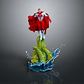 Detailed Red Cape Figure Standing On Green Dragon Base With Blue Water Splashes