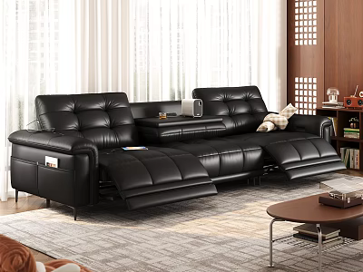 Black Leather Reclining Sectional Sofa In Modern Living Room With Side Table 3d model