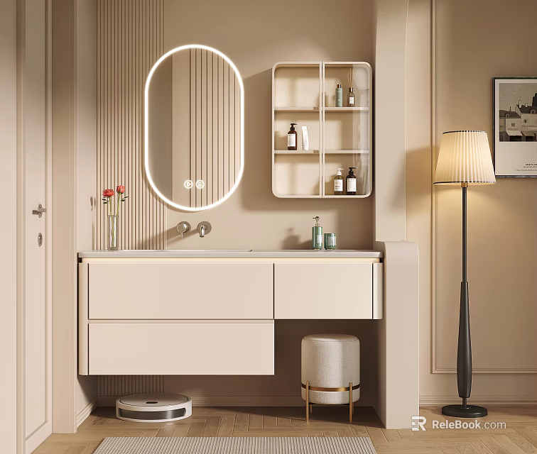 Elegant Modern Bathroom Interior Featuring White Vanity Oval Mirror Open Shelf And Floor Lamp 3d model 
