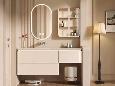 Elegant Modern Bathroom Interior Featuring White Vanity Oval Mirror Open Shelf And Floor Lamp 3d model