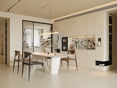 Modern Restaurant Interior With White Dining Table Brown Chairs And Marble Accents 3d model