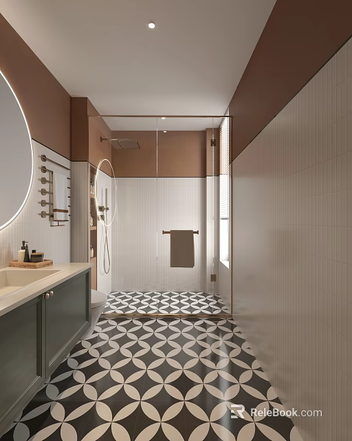 Modern Bathroom Interior Design With Glass Shower Geometric Patterned Floor Round Mirror And Tile Walls 3d model 