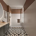 Modern Bathroom Interior Design With Glass Shower Geometric Patterned Floor Round Mirror And Tile Walls