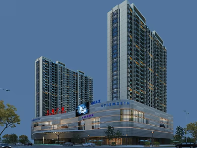 Modern Commercial Complex With High-Rise Towers Retail Podium LED Screen And Surrounding Trees Vehicles 3d model