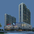 Modern Commercial Complex With High-Rise Towers Retail Podium LED Screen And Surrounding Trees Vehicles